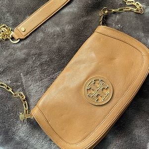 Tory Burch Tan Beige Brown Leather Gold Chain Crossbody Clutch Bag